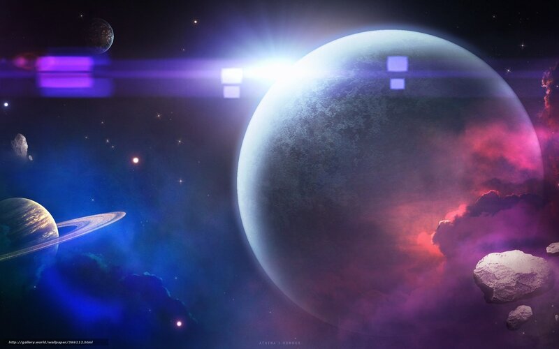 Planets in Space — Blue, Dramatic, Night, Digital Art, Stars, Asteroids