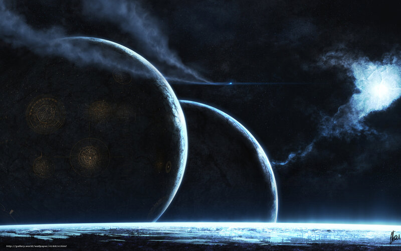 Planets in Space — Blue, Dramatic, Night, Digital Art, Stars, Clouds, Light Beam