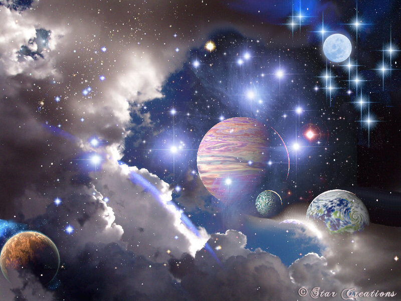 Planets in Space — Blue, Dramatic, Night, Digital Art, Stars, Clouds, Moon
