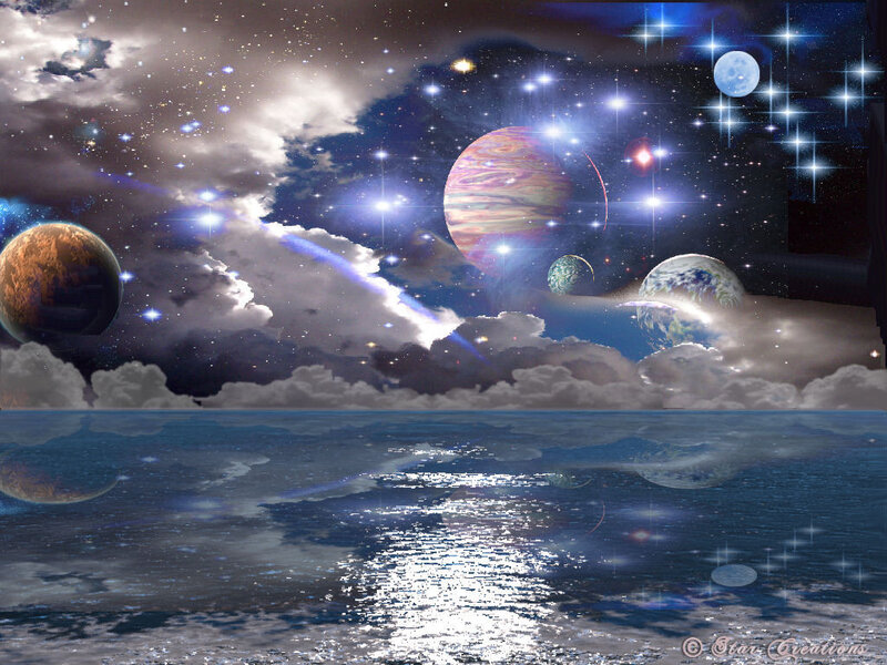 Planets in Space — Blue, Dramatic, Night, Digital Art, Stars, Clouds, Ocean
