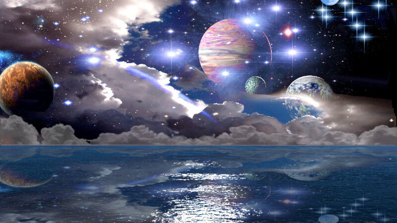 Planets in Space — Blue, Dramatic, Night, Digital Art, Stars, Clouds