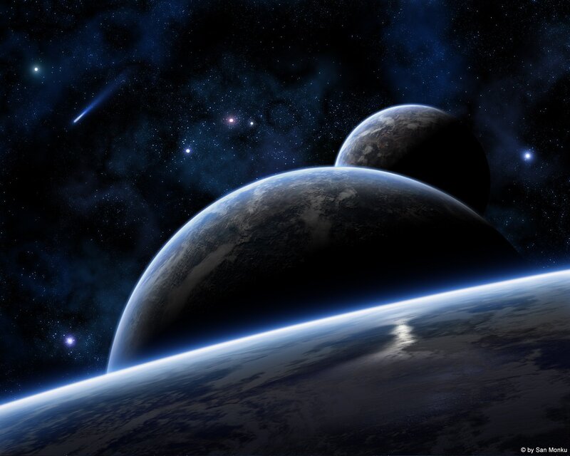 Planets in Space — Blue, Dramatic, Night, Digital Art, Stars, Comet, Planet