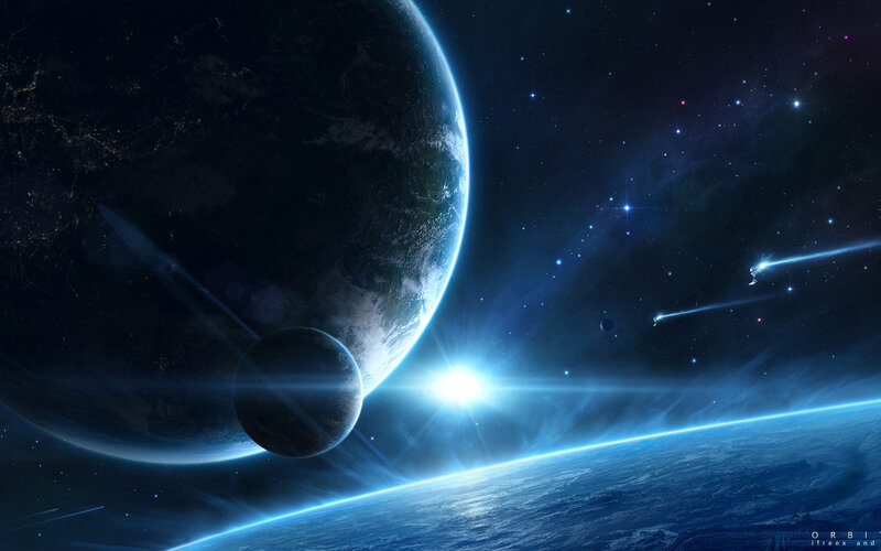 Planets in Space — Blue, Dramatic, Night, Digital Art, Stars, Comet