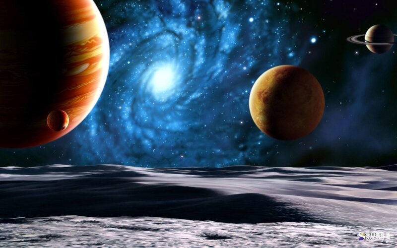 Planets in Space — Blue, Dramatic, Night, Digital Art, Stars, Galaxy, Moon Surface