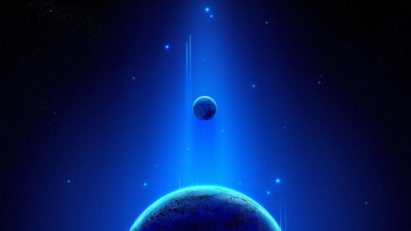Planets in Space — Blue, Dramatic, Night, Digital Art, Stars, Light Beams