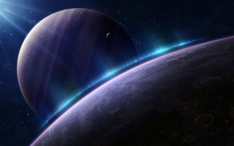 Planets in Space — Blue, Dramatic, Night, Digital Art, Stars, Moon, Atmosphere