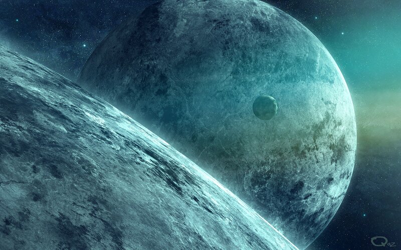 Planets in Space — Blue, Dramatic, Night, Digital Art, Stars, Moon, Green, Black