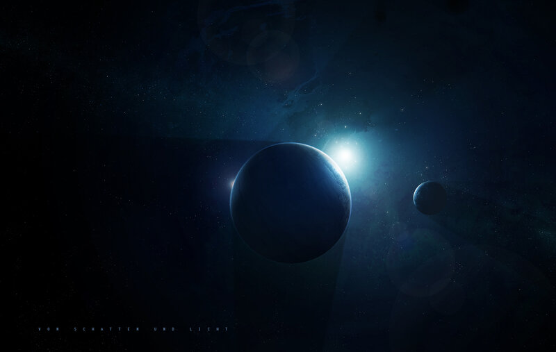 Planets in Space — Blue, Dramatic, Night, Digital Art, Stars, Moon, Light