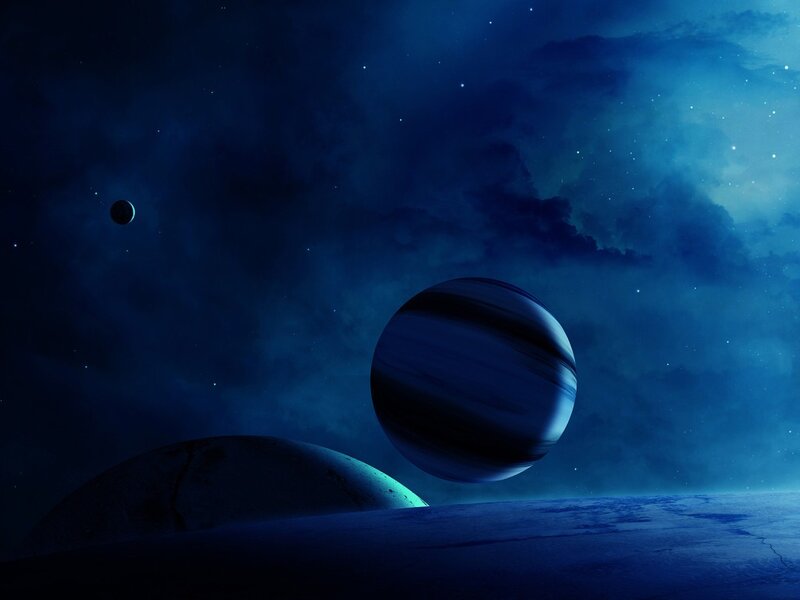 Planets in Space — Blue, Dramatic, Night, Digital Art, Stars, Moon, Planet