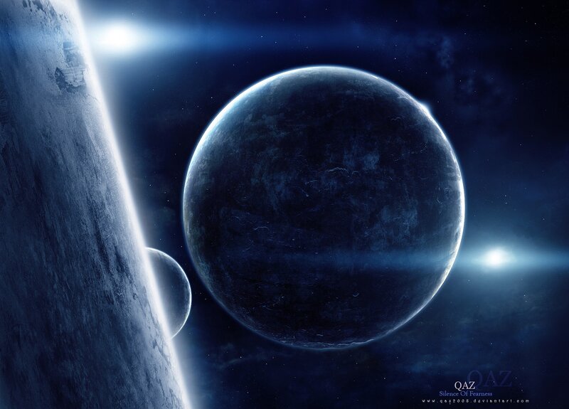 Planets in Space — Blue, Dramatic, Night, Digital Art, Stars, Moon, Sun