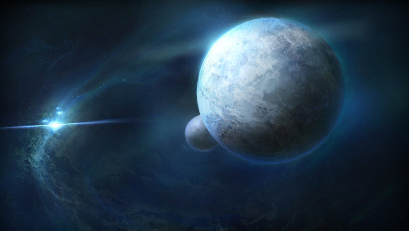 Planets in Space — Blue, Dramatic, Night, Digital Art, Stars, Moon