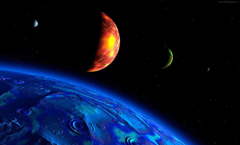 Planets in Space — Blue, Dramatic, Night, Digital Art, Stars, Moons, Planet
