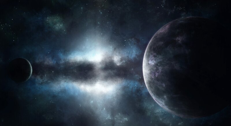 Planets in Space — Blue, Dramatic, Night, Digital Art, Stars, Nebula, Black, White