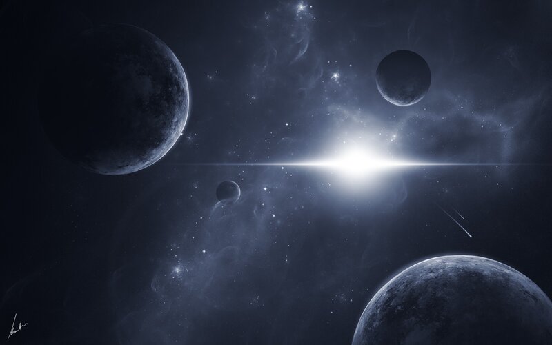 Planets in Space — Blue, Dramatic, Night, Digital Art, Stars, Nebula, Comet