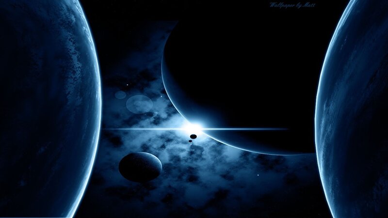 Planets in Space — Blue, Dramatic, Night, Digital Art, Stars, Nebula, Moon