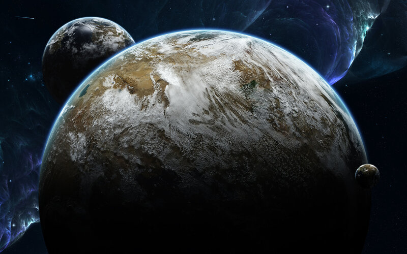 Planets in Space — Blue, Dramatic, Night, Digital Art, Stars, Nebula, Moons