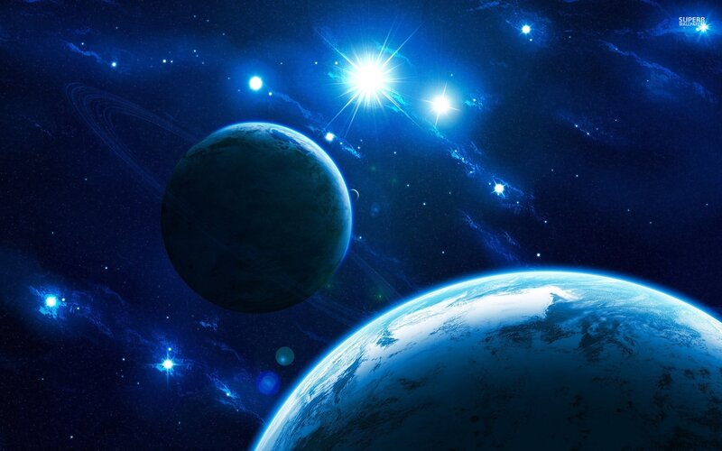 Planets in Space — Blue, Dramatic, Night, Digital Art, Stars, Nebula, Ringed Planet