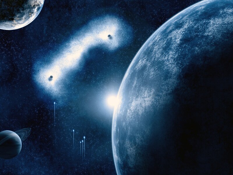 Planets in Space — Blue, Dramatic, Night, Digital Art, Stars, Nebula, Satellite