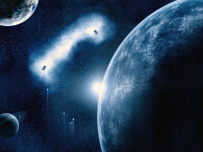 Planets in Space — Blue, Dramatic, Night, Digital Art, Stars, Nebula, Spacecraft, Black, White