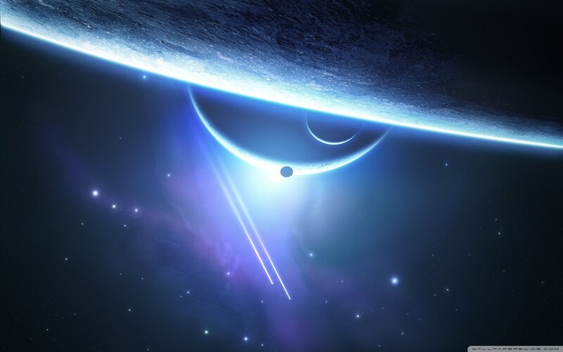 Planets in Space — Blue, Dramatic, Night, Digital Art, Stars, Nebula, Spacecraft