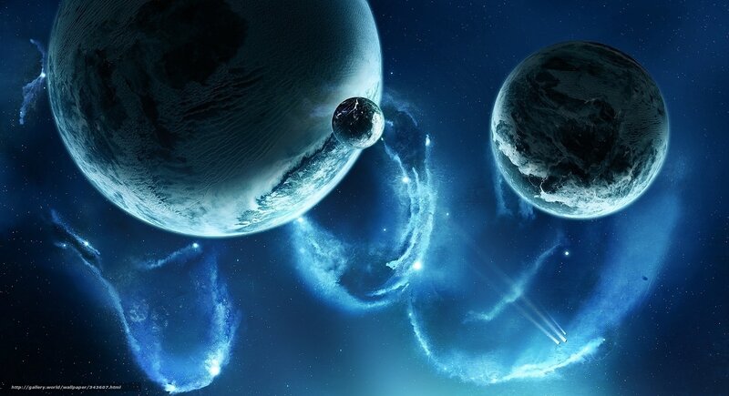 Planets in Space — Blue, Dramatic, Night, Digital Art, Stars, Nebula, Spaceship