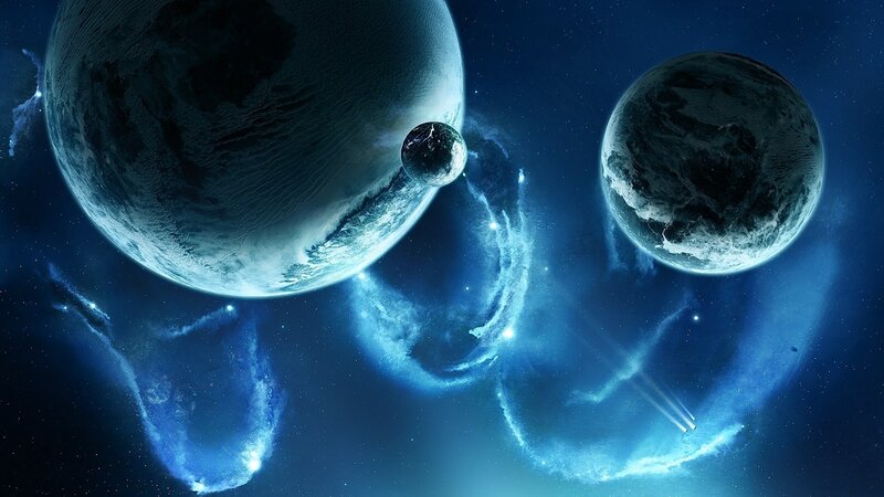 Planets in Space — Blue, Dramatic, Night, Digital Art, Stars, Nebulae, Spacecraft, Black