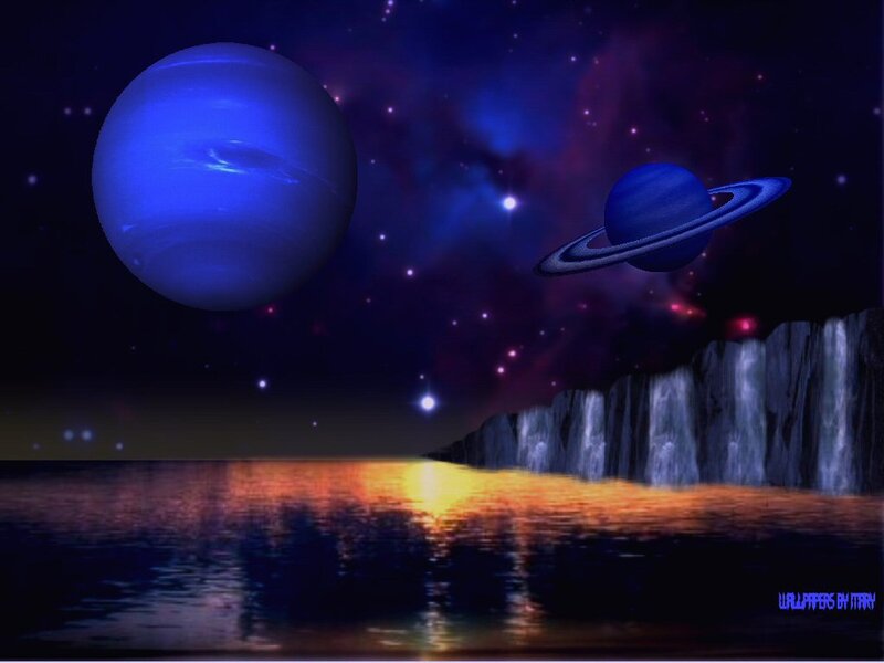 Planets in Space — Blue, Dramatic, Night, Digital Art, Stars, Planet, Ringed Planet