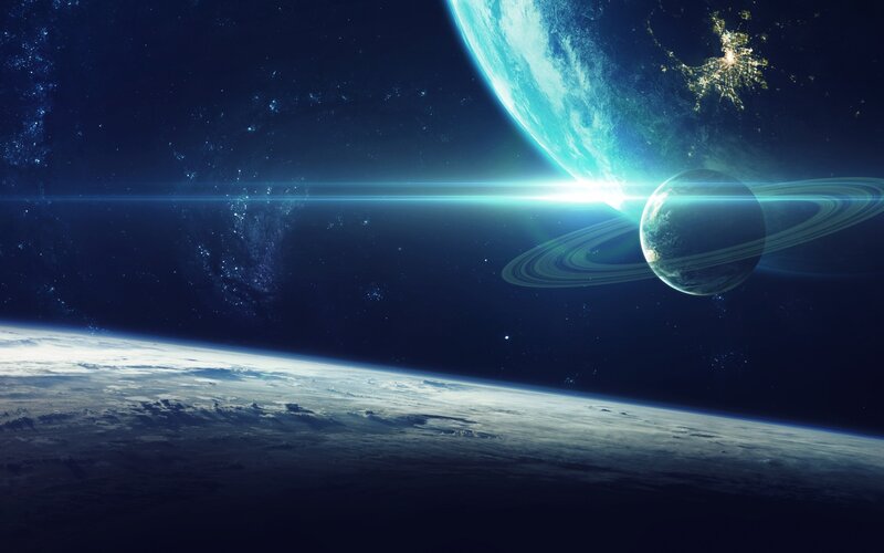 Planets in Space — Blue, Dramatic, Night, Digital Art, Stars, Rings