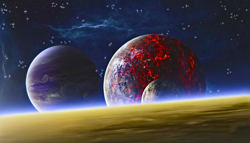 Planets in Space — Blue, Dramatic, Night, Digital Art, Stars