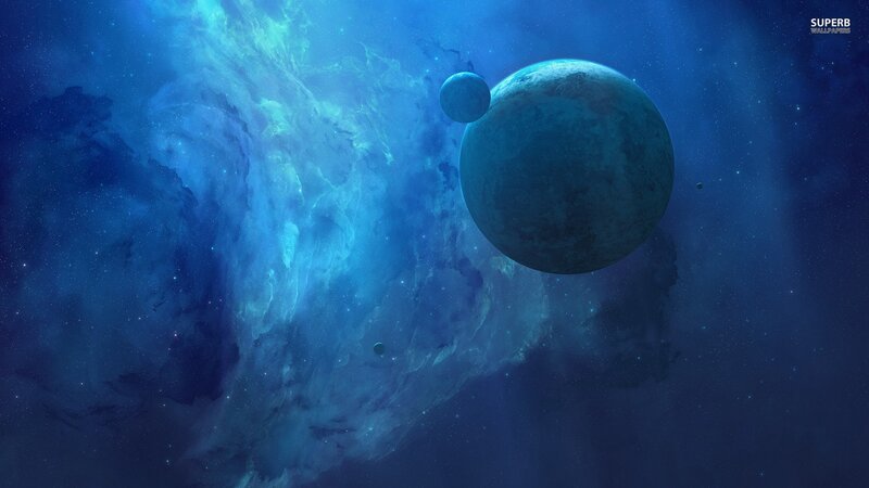 Planets in Space — Blue, Serene, Digital Art, Nebula, Stars, Moon