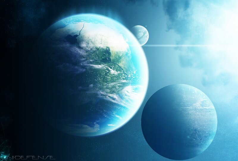 Planets in Space — Blue, Serene, Digital Art, Stars, Clouds, Sunlight