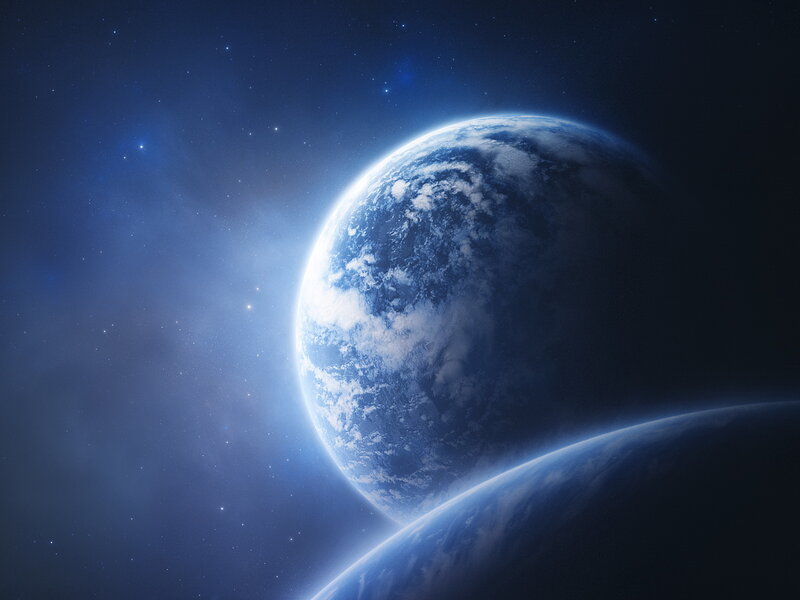 Planets in Space — Blue, Serene, Digital Art, Stars, Clouds