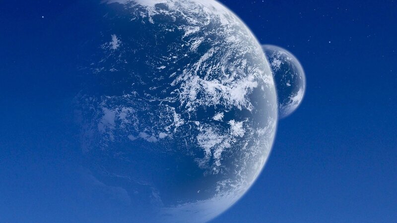 Planets in Space — Blue, Serene, Digital Art, Stars, Clouds, White