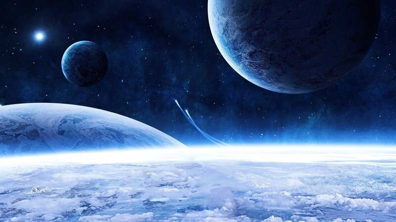 Planets in Space — Blue, Serene, Digital Art, Stars, Comet