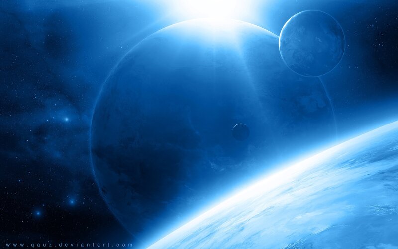 Planets in Space — Blue, Serene, Digital Art, Stars, Moon, Sunlight