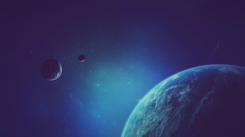 Planets in Space — Blue, Serene, Digital Art, Stars, Moons