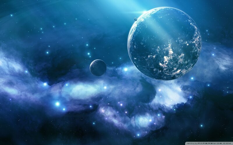 Planets in Space — Blue, Serene, Digital Art, Stars, Nebula
