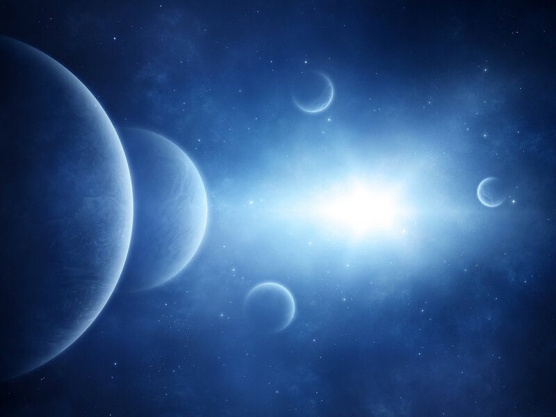 Planets in Space — Blue, Serene, Digital Art, Stars, Sun