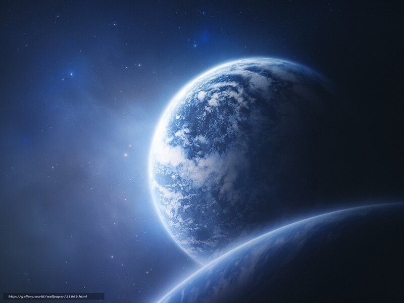 Planets in Space — Blue, Serene, Digital Art, Stars