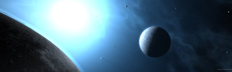 Planets in Space — Blue, Serene, Digital Art, Sun, Moon