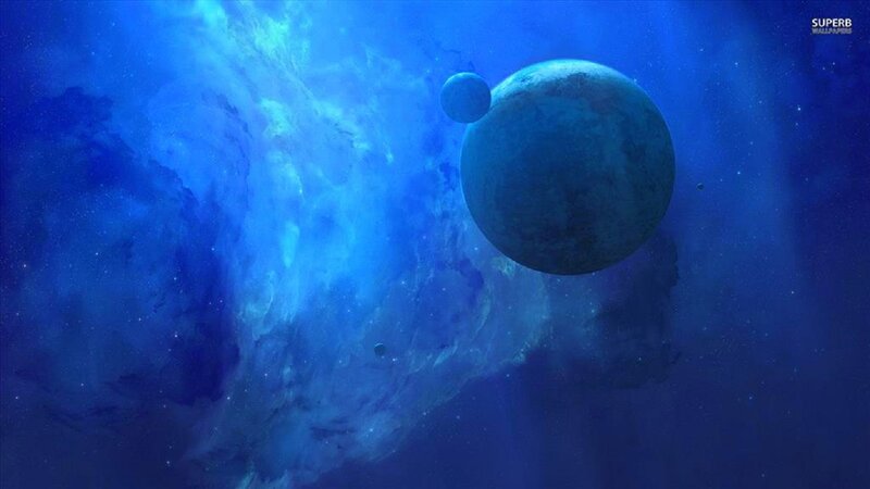 Planets in Space — Blue, Serene, Night, Digital Art, Nebula