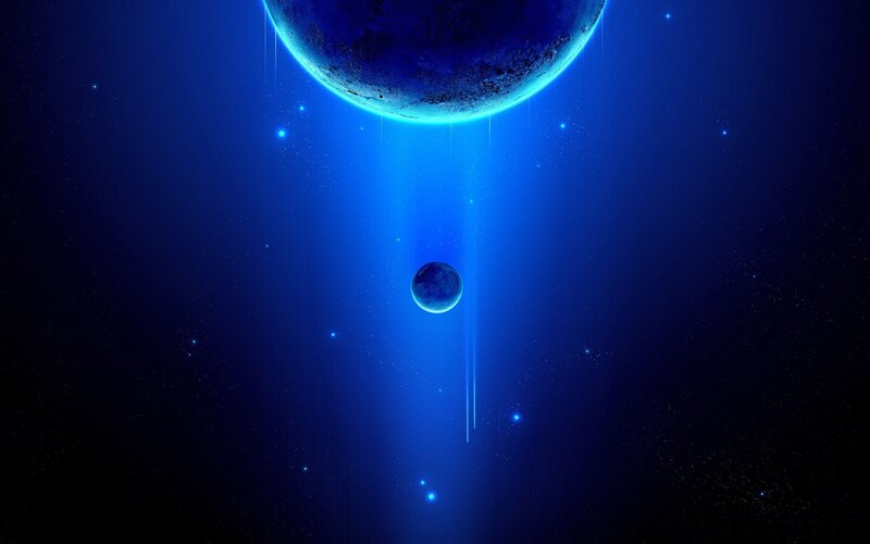 Planets in Space — Blue, Serene, Night, Digital Art, Stars, Light Beams, Black