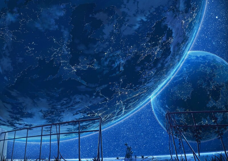 Planets in Space — Blue, Serene, Night, Digital Art, Stars, Railing