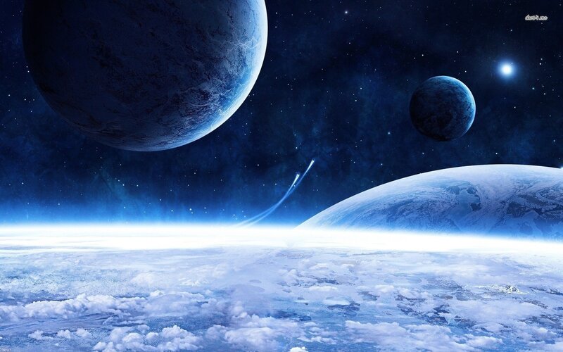 Planets in Space — Blue, Serene, Night, Digital Art, Stars, Spacecraft, Clouds