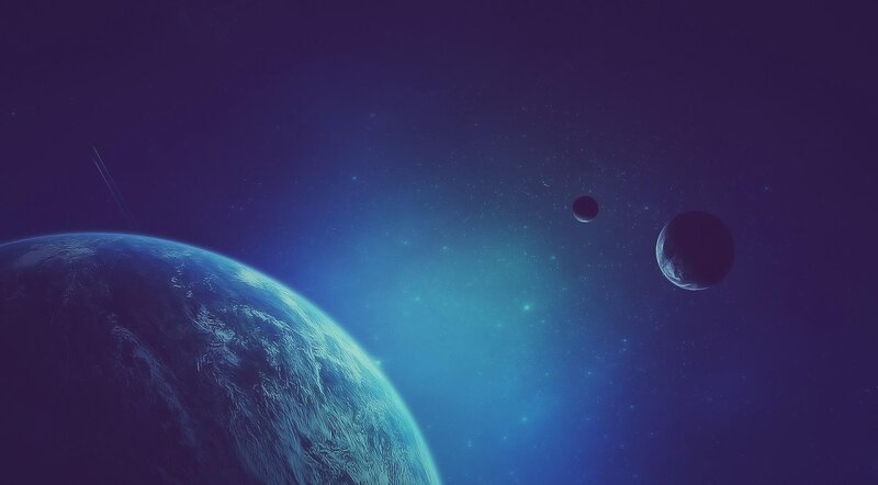 Planets in Space — Blue, Serene, Night, Digital Art, Stars