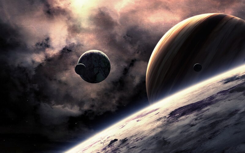 Planets in Space — Brown, Dramatic, Digital Art, Planet, Moon