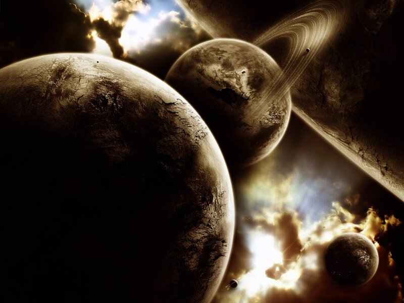 Planets in Space — Brown, Dramatic, Digital Art, Stars, Clouds, Rings