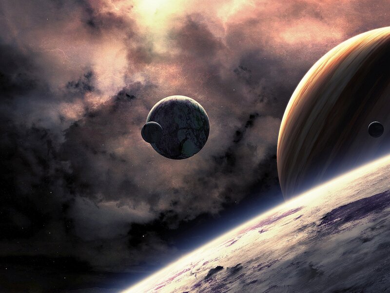 Planets in Space — Brown, Dramatic, Digital Art, Stars, Clouds