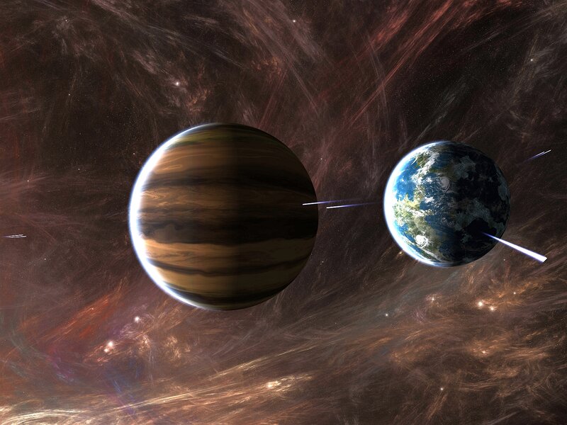Planets in Space — Brown, Dramatic, Digital Art, Stars, Comet Trails