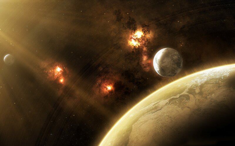Planets in Space — Brown, Dramatic, Digital Art, Stars, Nebula, Moons